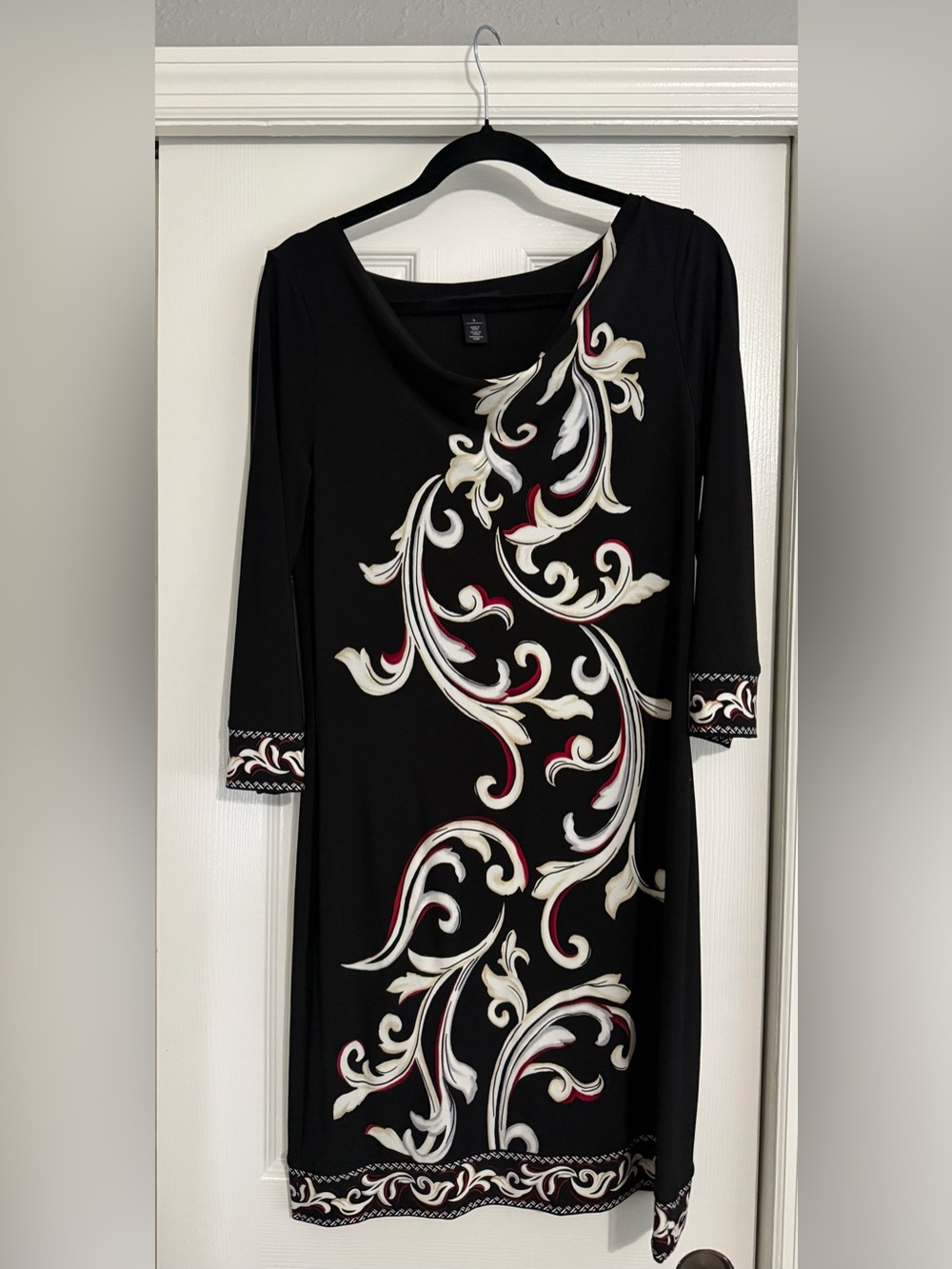 White House Black Market Black Midi Dress with Cream and Burgundy Swirl